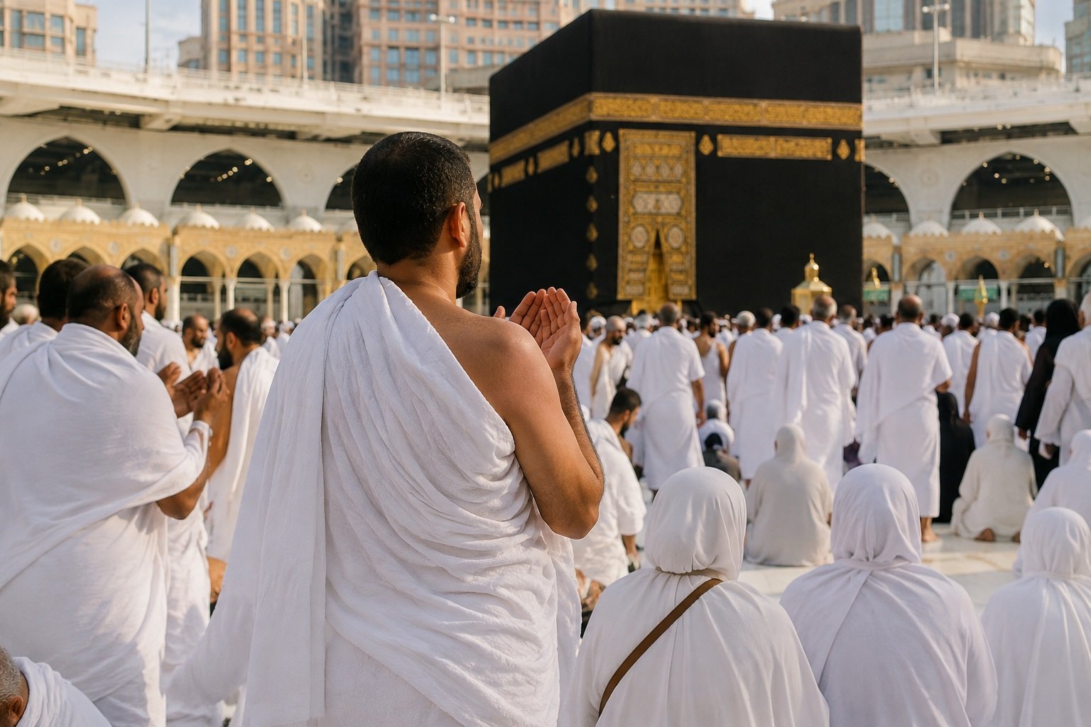 Pilgrim praying at the Kaaba during Hajj